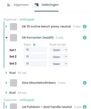 De workout builder in een fitness web applicatie gemaakt door Peak Web Apps.