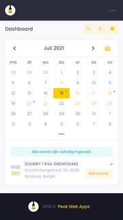 Het kalenderoverzicht van een mobile web applicatie gemaakt door Peak Web Apps.